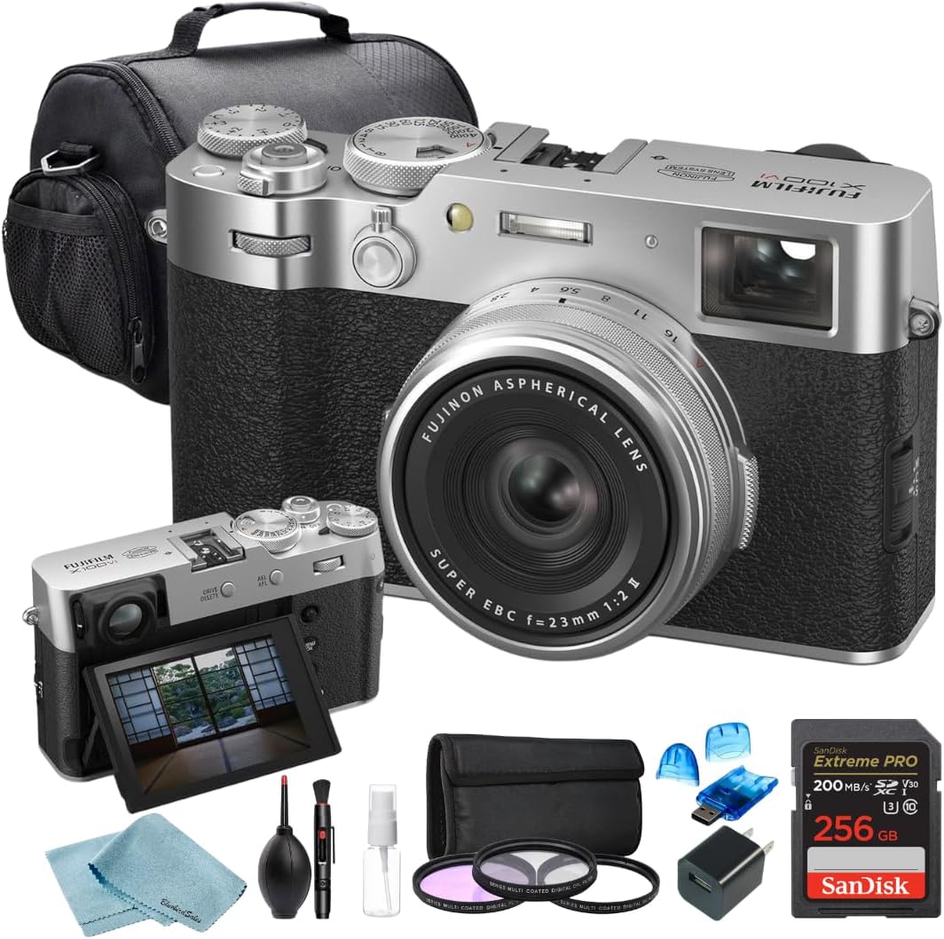 FUJIFILM X100VI Digital Camera Bundle – 256GB SanDisk Extreme Pro, Premium Bag, Pro 3-Piece Filter Set, Card Reader & BluebirdSales Cleaning Kit (Silver)