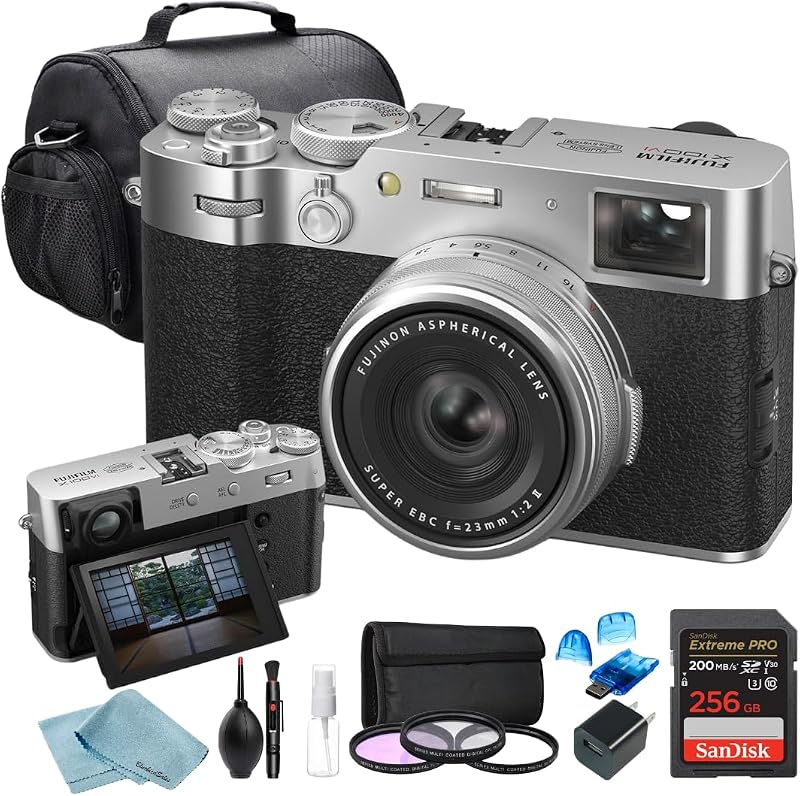 FUJIFILM X100VI Digital Camera Bundle – 256GB SanDisk Extreme Pro, Premium Bag, Pro 3-Piece Filter Set, Card Reader & BluebirdSales Cleaning Kit (Silver)