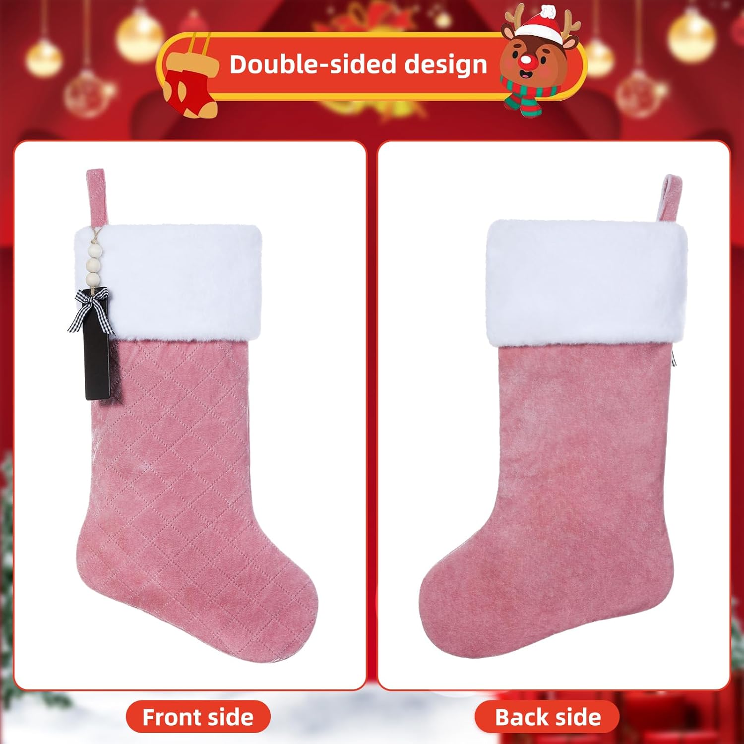 Pink Velvet Quilted Personalized Christmas Stocking,19.5 Inch Fireplace Hanging Stockings with Blank Wooden Tags DIY Name,Family Holiday Decorations and Xmas Gift- 6Pcs - Image 4