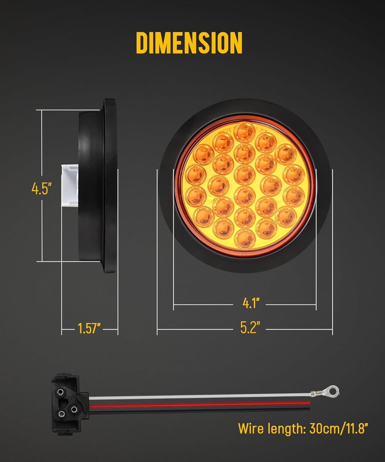 Partsam 4x 4 Inch Round Amber Strobe Lights 24 LED Trailer Truck Stop Turn Tail Light With Strobe and Solid Flash Mode Rubber Grommet 3-Prong Wire Pigtails, Amber Lens