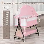 3 in 1 Baby Bassinet, Pink Bedside Bassinet Sleeper with 7 Height Adjustable, Bedside Cribs with Storage Basket and Wheels for Newborn, Easy Folding, Jestonten | Breathable