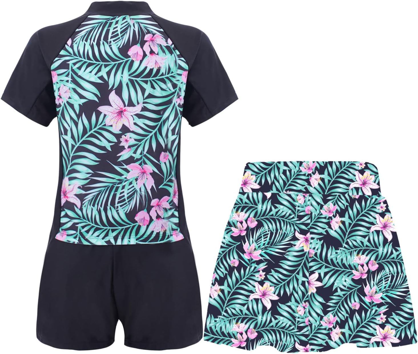 TTAO Girls UPF+ 50 Beach Bathing Suit with Swim Skirt Short Sleeve Rash Guard Set