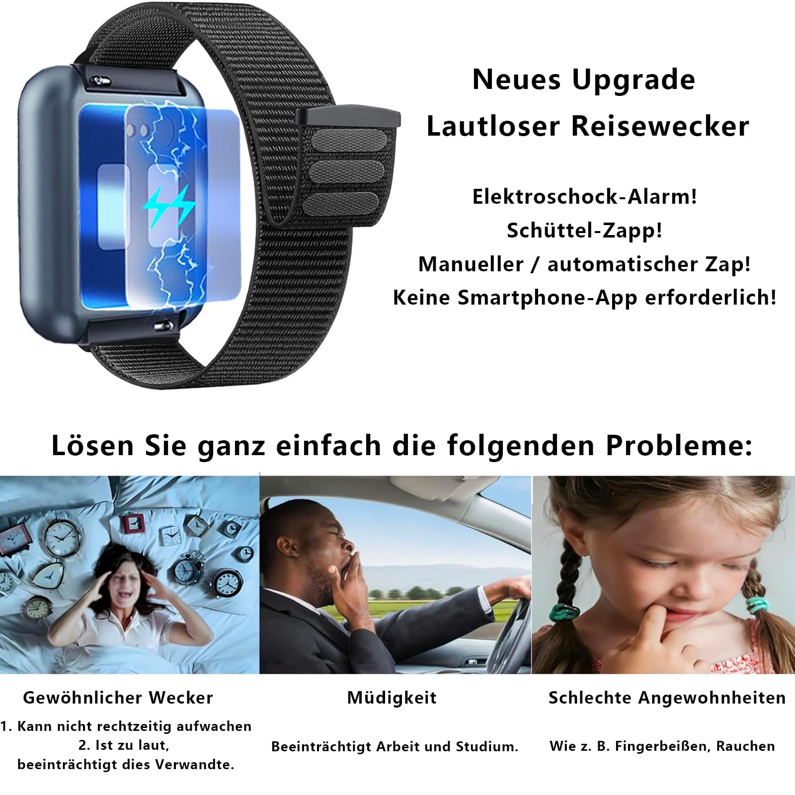 Wecker für Tiefschläfer und Schwerhörige, Digitaler Wecker Analog Ohne Ticken, Ohne Vibrationswecker und Laut Lauter Reisewecker Klein, Silent Alarm Clock Armband Uhr
