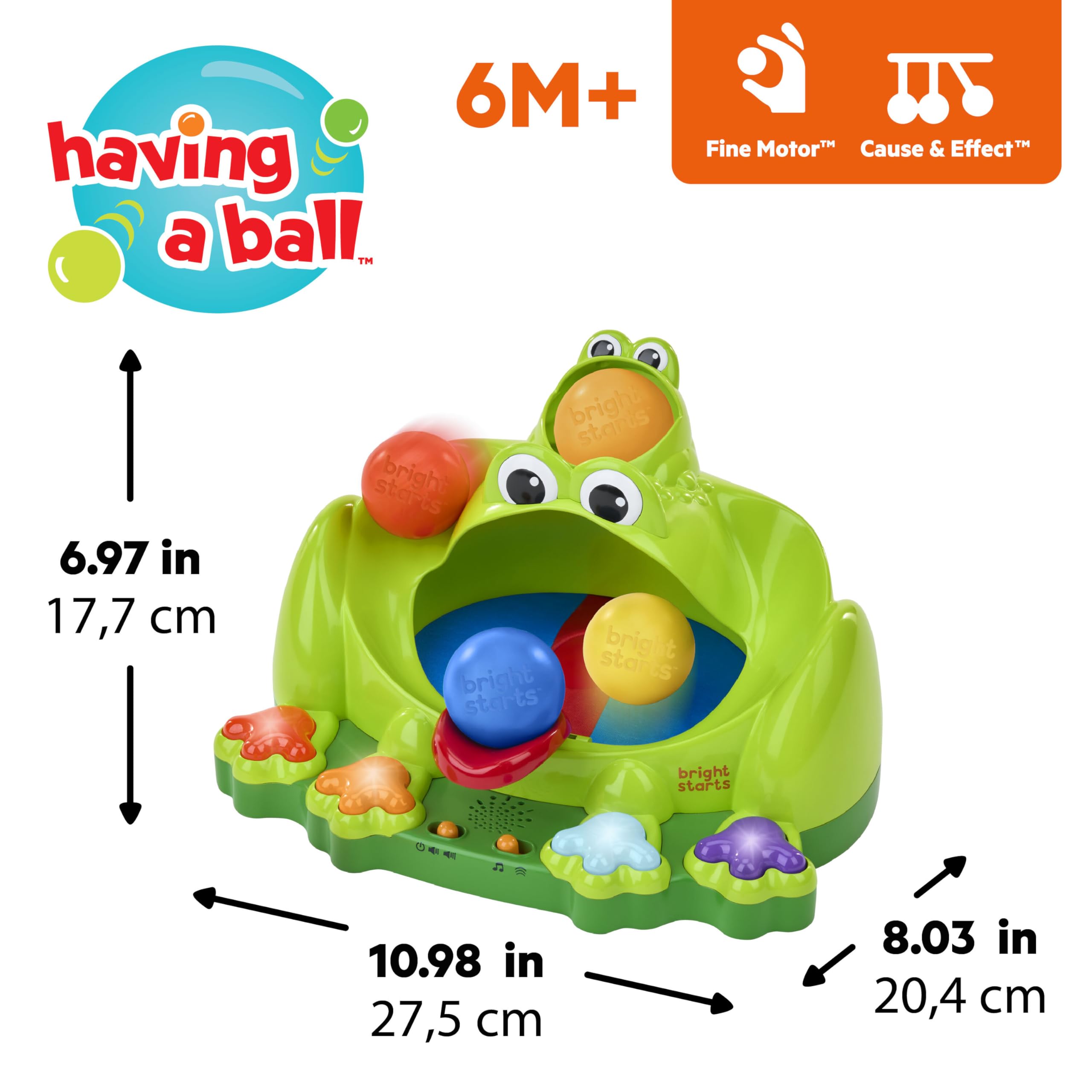 Bright Starts, Ranocchia Poppin' Ball, Giocattolo per lanciare, rimbalzare e Far rotolare Le Palline, Gattonare e inseguire, Unisex, 6+ Mesi