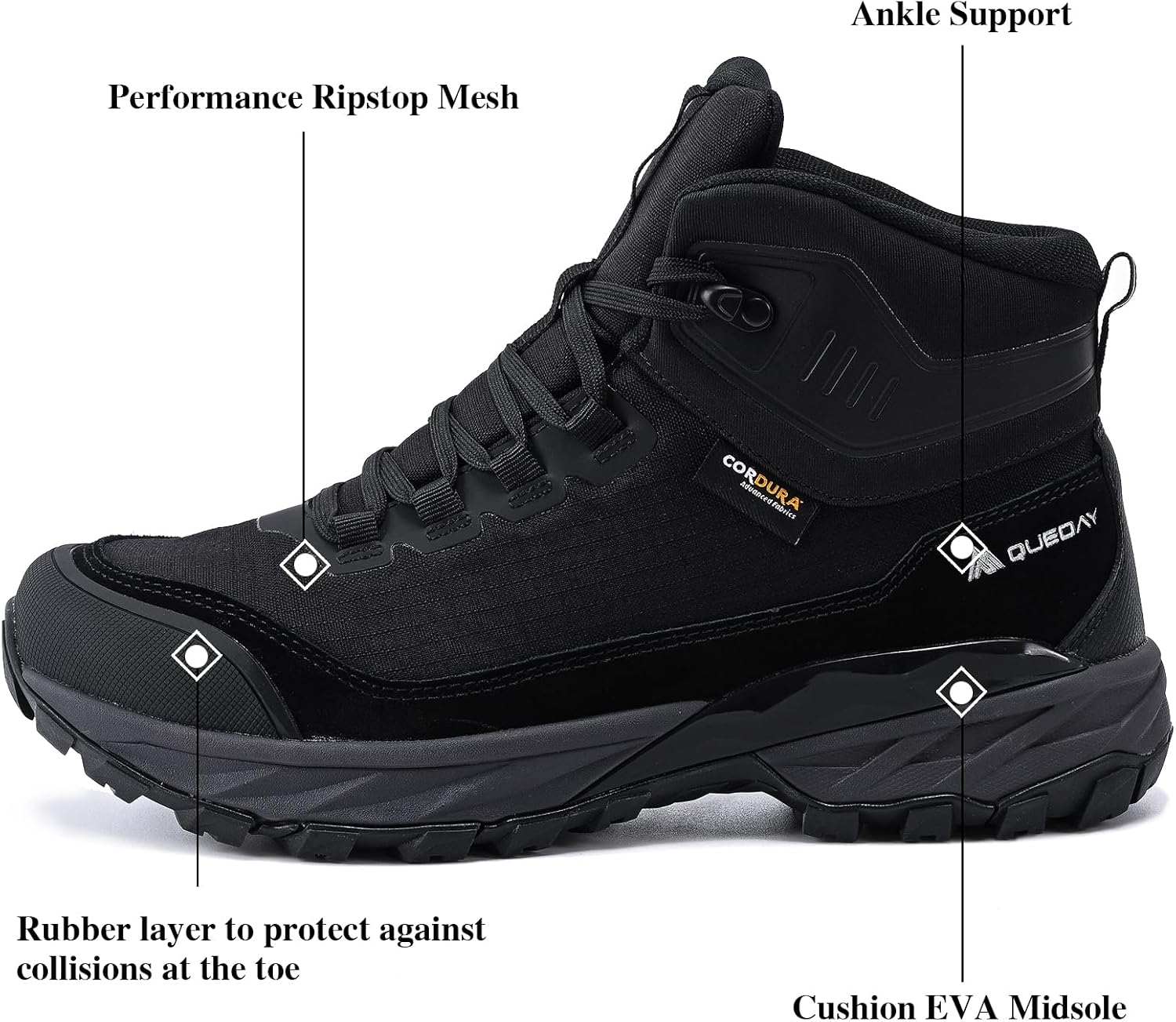 Queday Mens Waterproof Hiking Boots Lightweight Outdoor Cordura Walking Shoes Breathable Hike Trekking Trails Camping Climbing