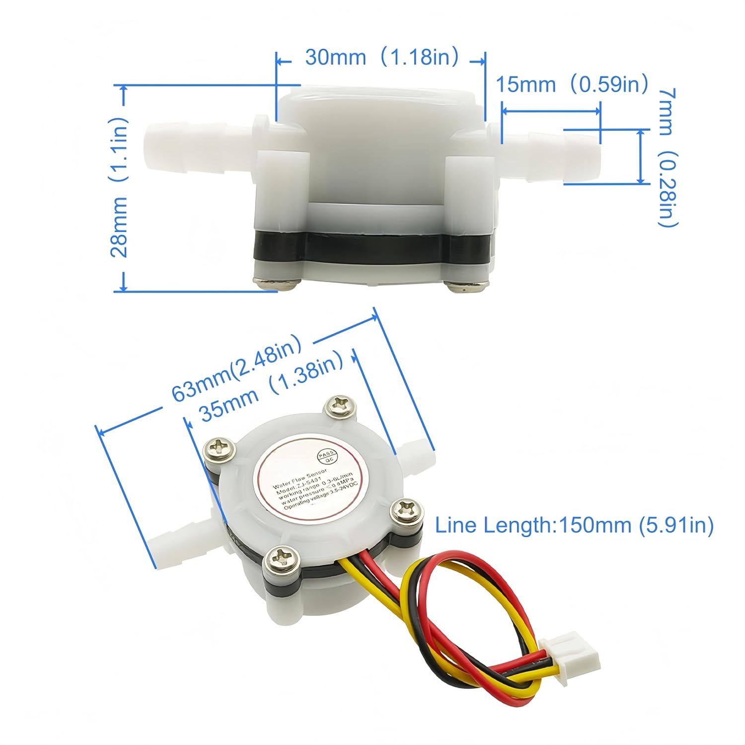 1/4" Quick Connect Hall Effect YF - S401 0.3-3L / min Flow Rate Control Water Flow Sensor Flow Meter for Water Coolers/Coffee Machines/Water Purifiers