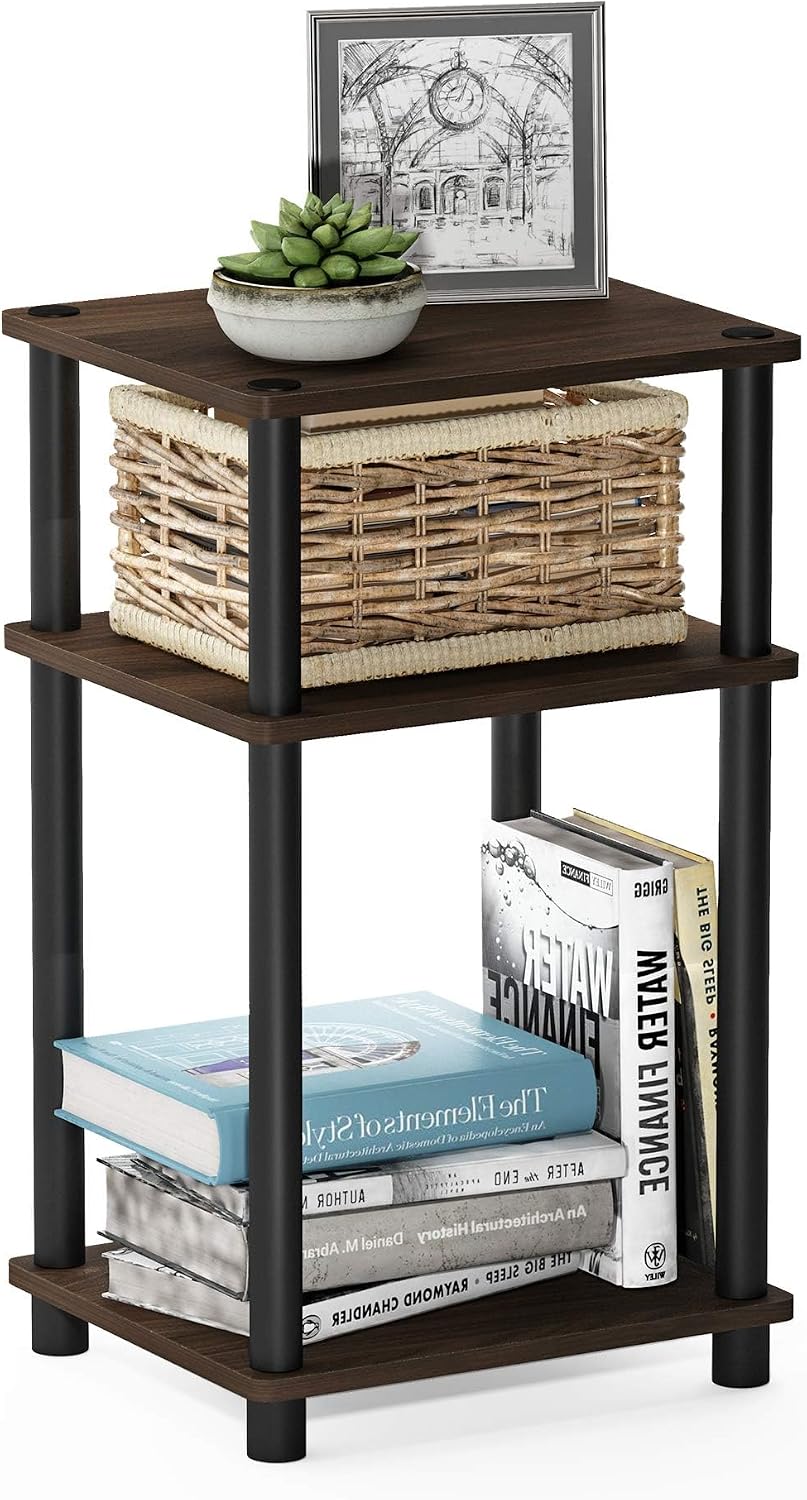 Pemberly Row Turn-N-Tube 3-Tier End Tables, Columbia Walnut and Black Finish, Engineered Wood, Set of 2, Petite Size Rounded Corner Design, Small Space Living Room or Bedroom Furniture