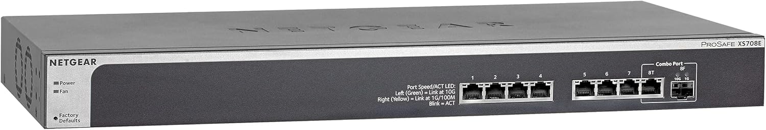 NETGEAR 8-Port 10Gig Smart Managed Plus Switch, 8x10GBASE-T, 1xSFP+, 10xSFP+, ProSAFE Lifetime Protection (XS708E)