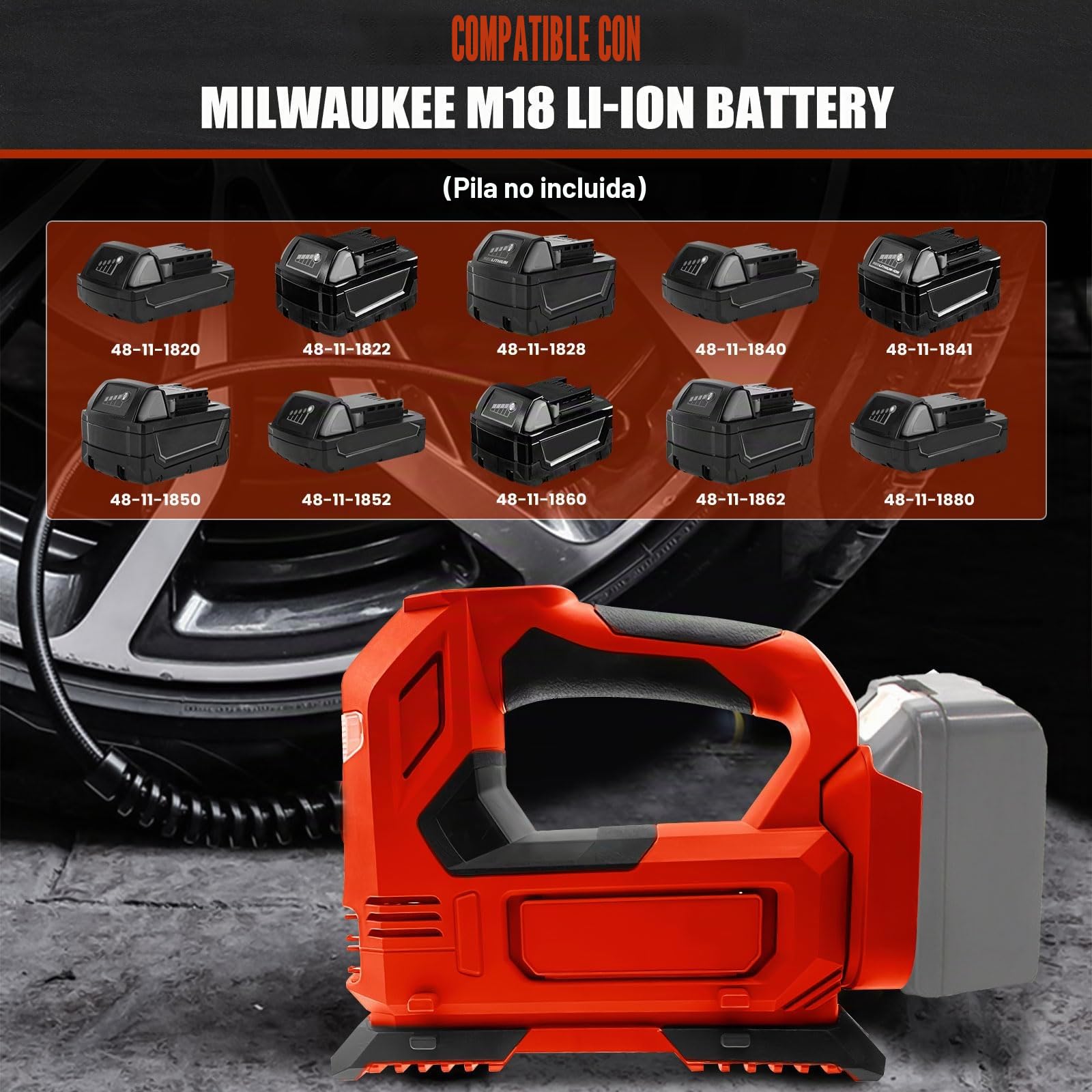 Compresor de batería para ‎Milwaukee M18 batería (sin batería, sin cargador) Bomba de aire portátil LED portátil con manómetro digital, compresor de aire eléctrico para coches, motos, bicicletas,