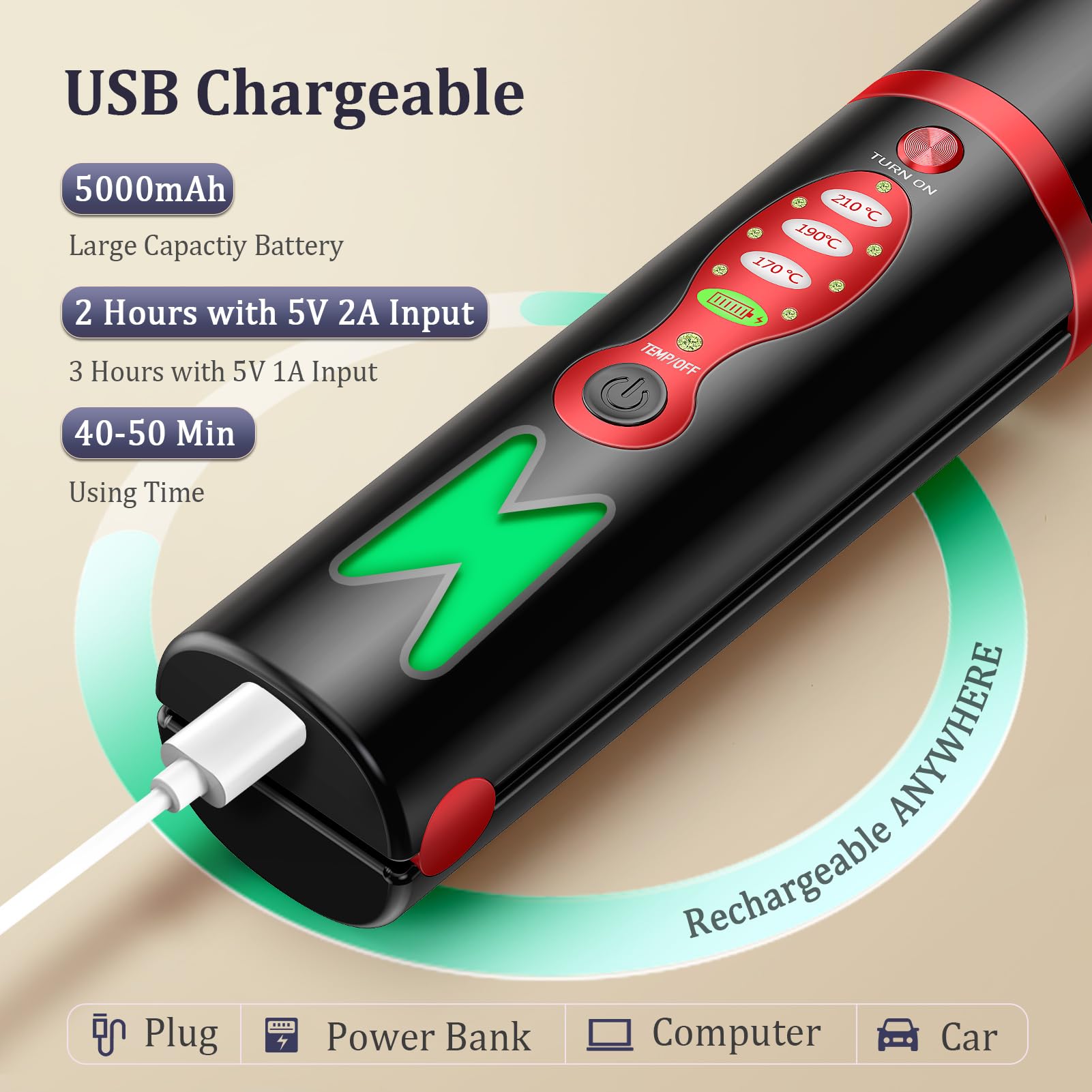 Piastra per capelli in titanio senza fili, mini ferro piatto portatile USB ricaricabile a calore rapido con batteria 5 V/5000 mAh, anti-scottatura a 3 livelli per capelli lisci e lucidi (nero)