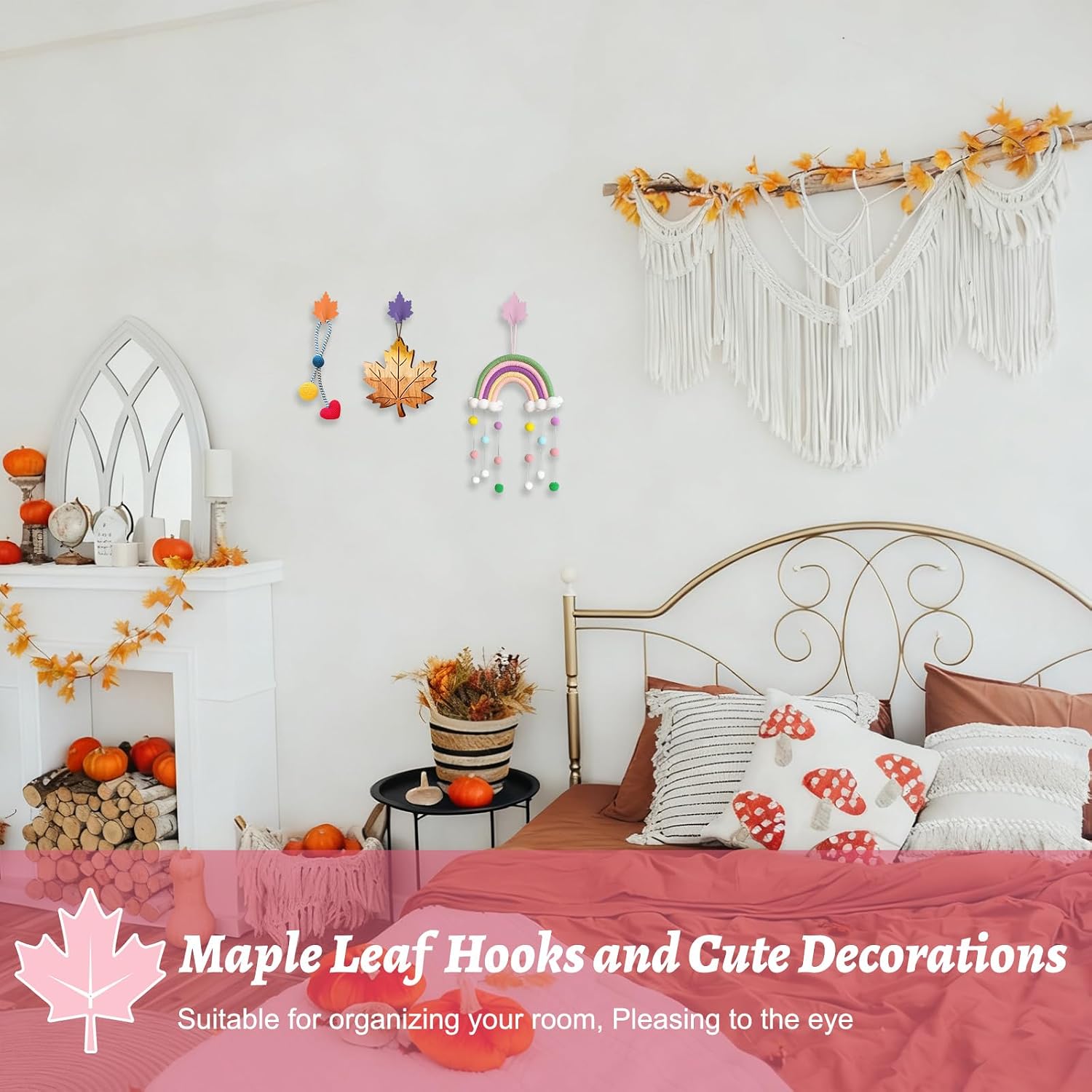 MOROBOR Maple Leaf Wall Hooks, 12pcs Self Adhesive Towel Hooks Heavy Duty Iron Waterproof Hangers Decorative Hooks No Drill Stick on Hooks for Girl Dormitory Children's Room Decoration image 4