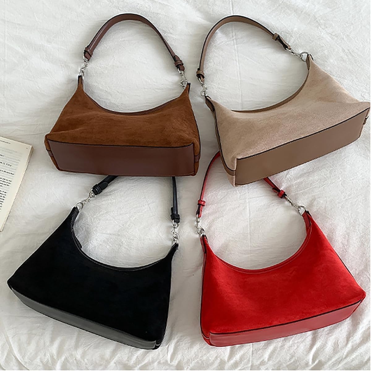 Slouchy Suede Shoulder Bags for Women Trendy Crescent Hobo Handbag Small Satchel Purses with Detachable Strap