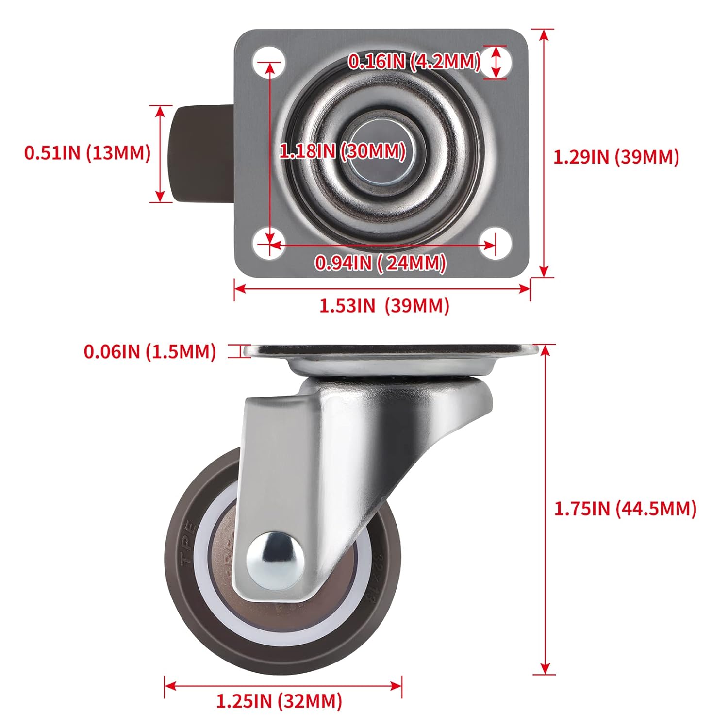 Skelang Swivel Plate Caster 1.25", Silent Caster Wheel with Brake, Low Profile Caster for Cabinet, Coffee Table, Planter Shelf, Total Load Capacity 141 Lbs, Pack of 4: Industrial & Scientific
