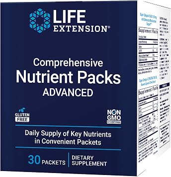 Life Extension Comprehensive Nutrient Packs Advanced, Curcumin, Fish Oil, multivitamin, CoQ10, multis and Supplements, 30 on-the-go Packets, Gluten-Free, Non-GMO