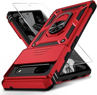 for Google Pixel 8A Case with Camera Lens Cover HD Screen Protector, 10 FT Military Grade Drop Protection, Magnetic Ring Holder Kickstand Protective Phone Case, Red