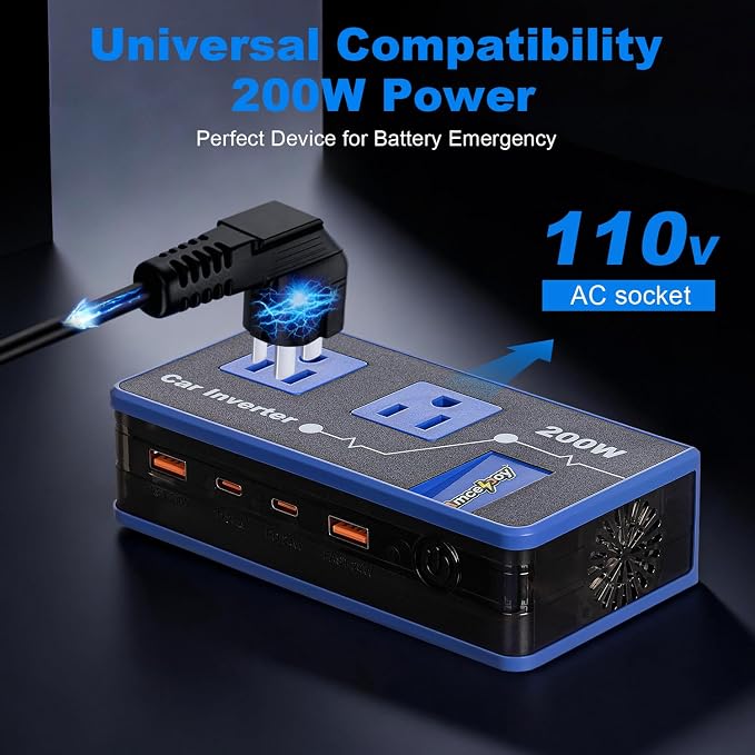 Inversor de corriente para auto 200W Amcelooy Azul miniatura 4