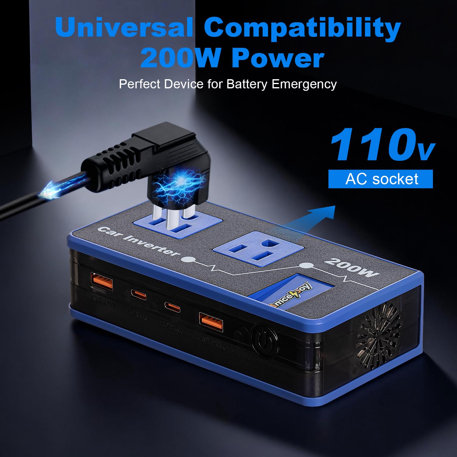 Inwerter samochodowy 200 W podwójny DC 12 V na 110 V AC adapter gniazda samochodowego do wtyczki ściennej szybkie ładowanie 24 W porty USB-C i USB przenośny konwerter ładowania