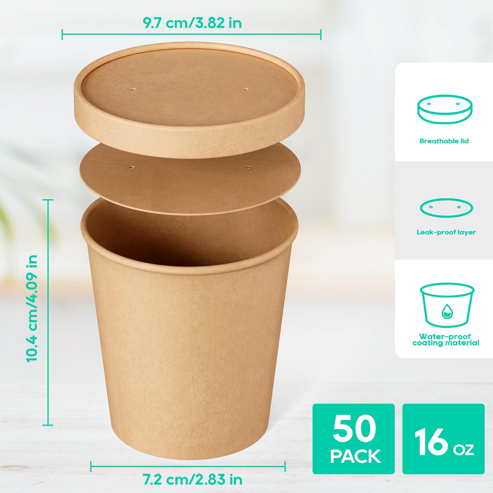 Paquete de 50 recipientes de papel de 16 onzas con tapas, vasos desechables de papel kraft para alimentos, vasos de helado, almacenamiento de alimentos de papel con tapas, aptos para microondas y