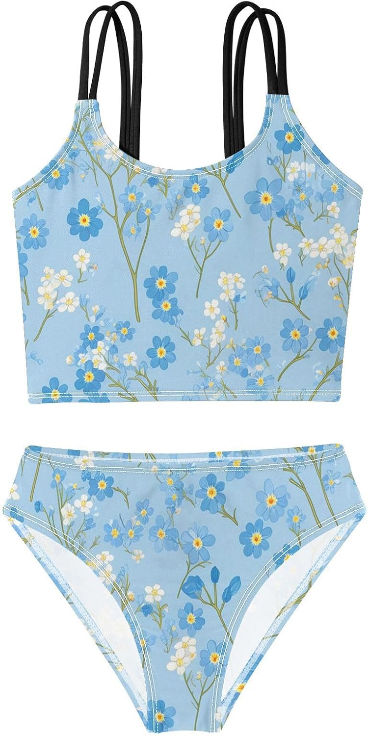 visesunny Girls Two Piece Swimsuits Blue White Myosotis Floral Girl's Bikini Sets Bathing Suits for Girls Size 5-12Y
