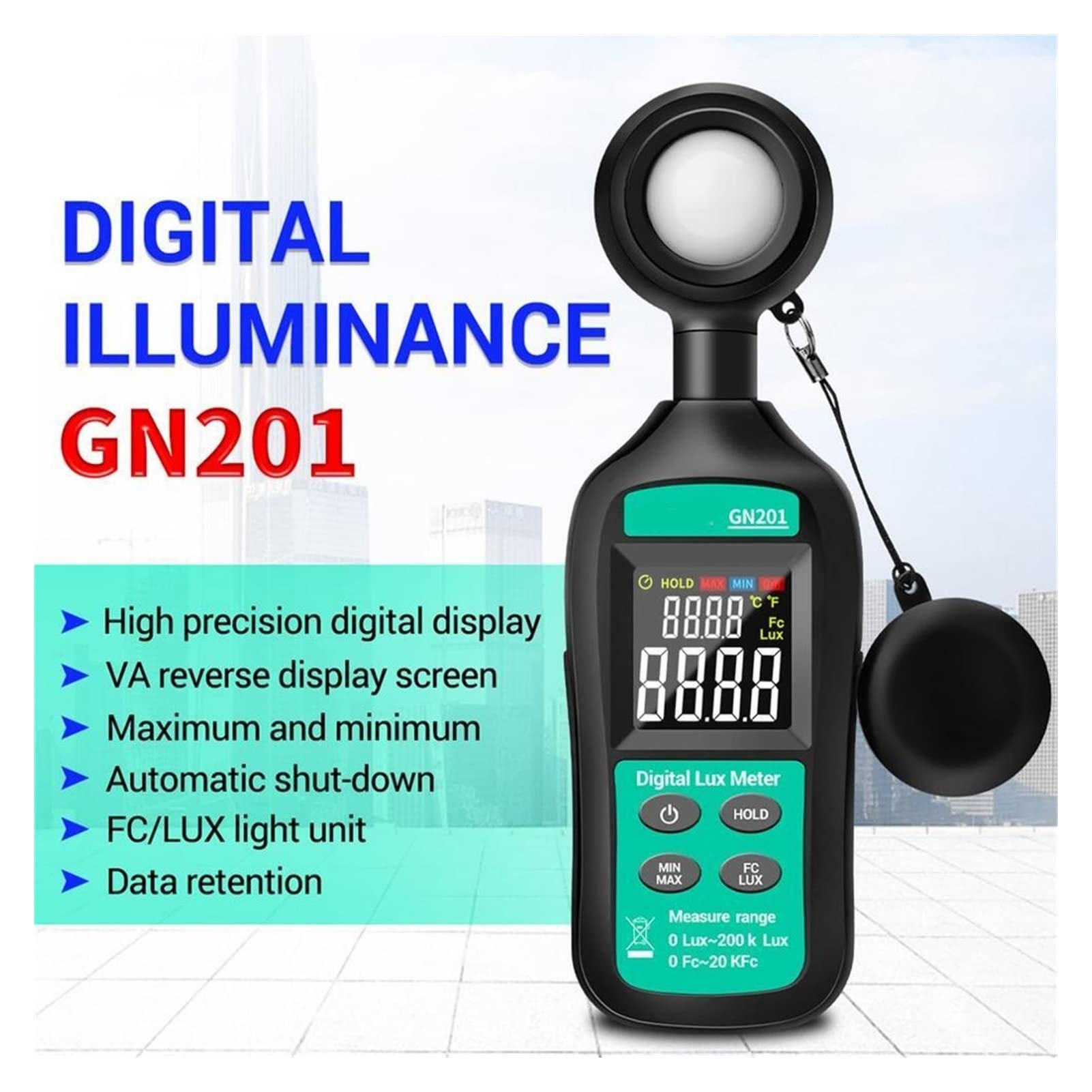 Luxómetro Portátil, Medidor de iluminancia, medidor de iluminancia digital, medidor de iluminación de mano, instrumento de medición de temperatura ambiente de mano, para interiores y exteriores