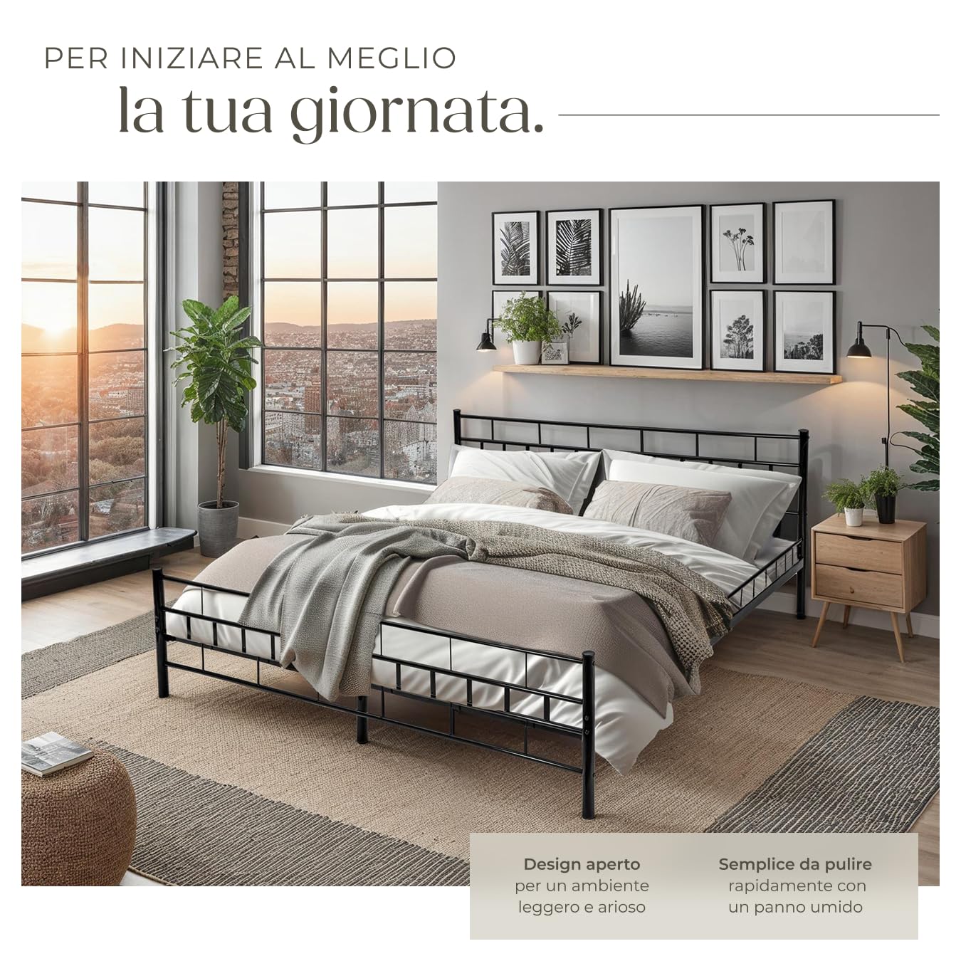 tectake® Struttura Letto in Metallo con Rete a Doghe in Legno di Pioppo Inclusa, Design Moderno, Struttura Robusta, Ideale per Arredamento Camera da Letto, 200x180 cm - Nero