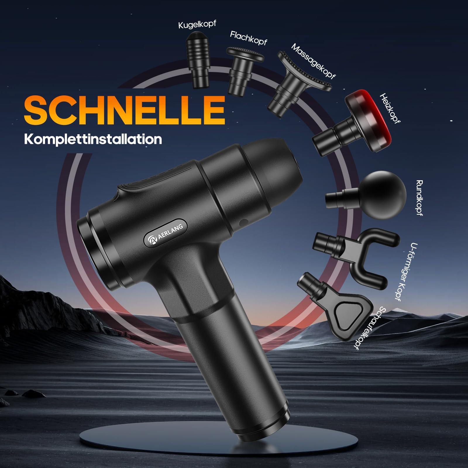 AERLANG Massagepistole mit Wärmefunktion, LED Anzeige, 20 Stufen & 7 Massageköpfe