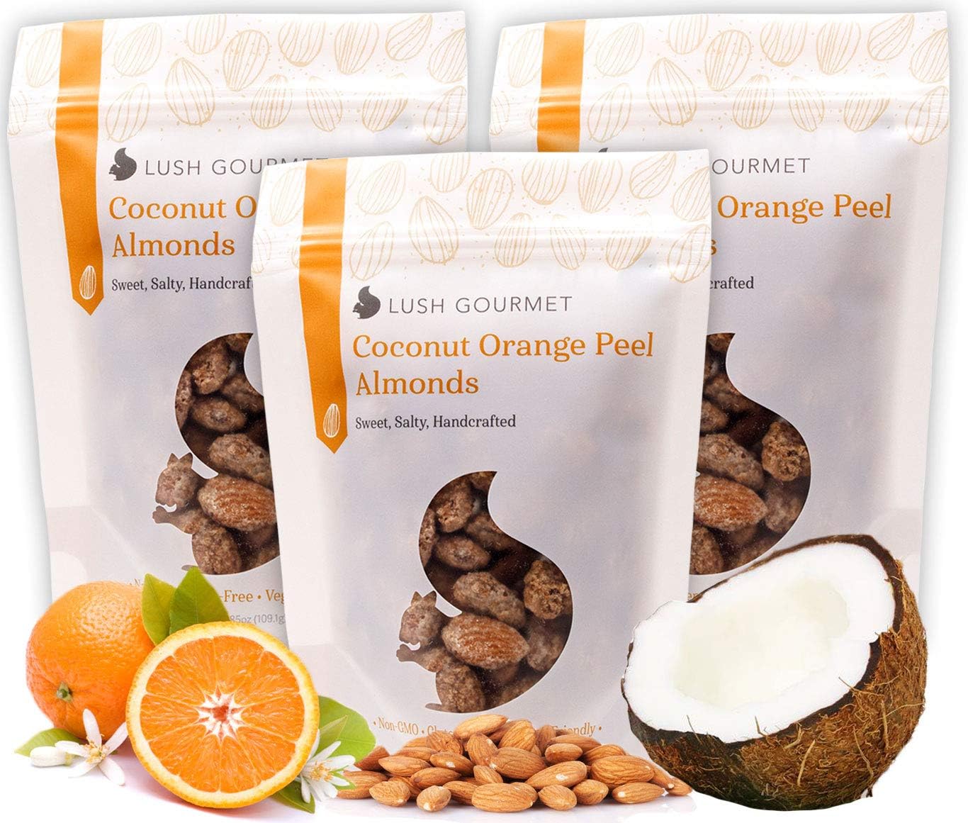 Lush Gourmet Coconut Orange Peel Almonds - Salted Almonds with Toasted Coconut Flakes, Orange Peel, Cane Sugar - Healthy Snacks Free of Cholesterol & Gluten - Vegan Almond Treats - 11.5 oz