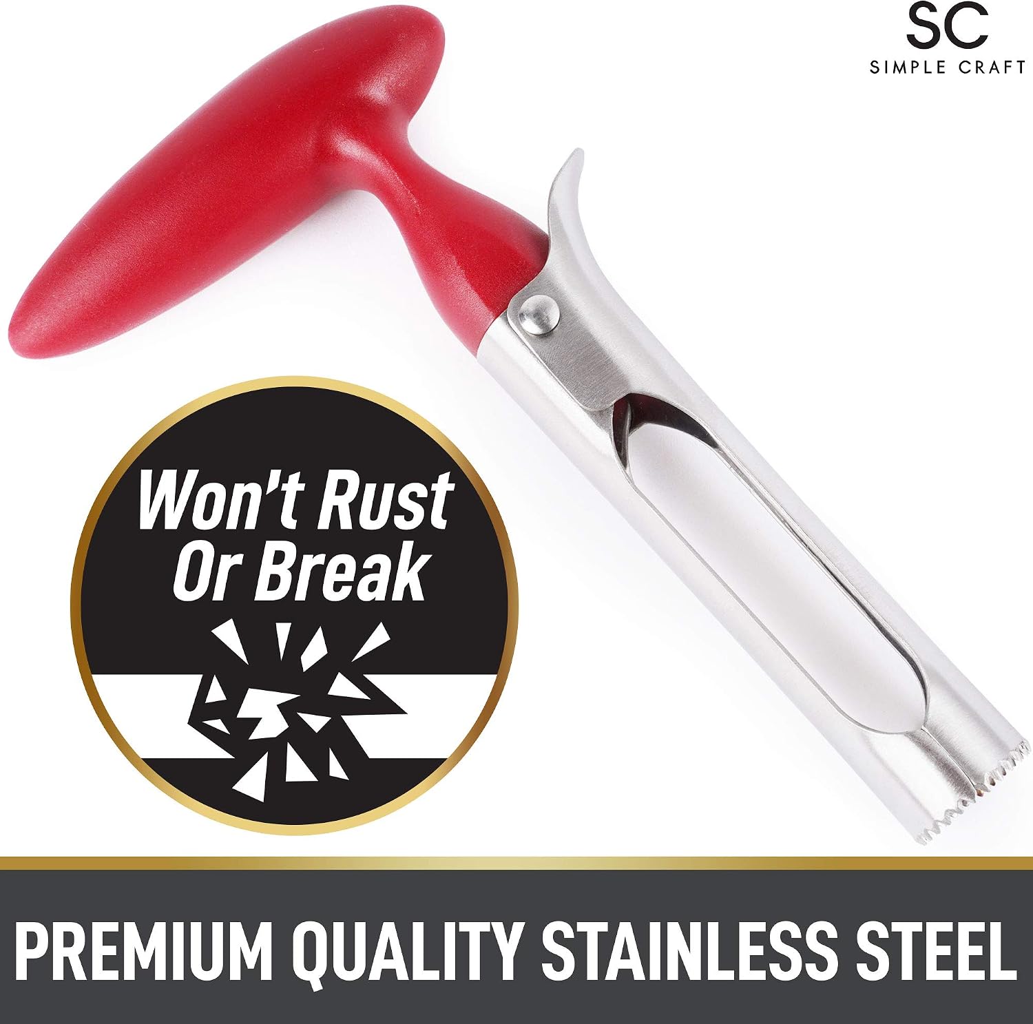 Simple Craft Apple Corer - Premium Stainless Steel Apple Corer Tool For Removing Cores & Pits - Sharp Serrated Core Remover For Apples & Pears (Red)