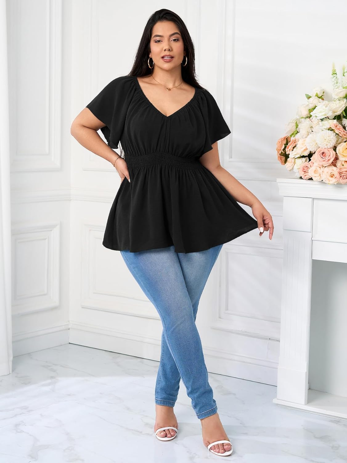 Womens Plus Size Tops V Neck Short Sleeve Blouse Babydoll Ruffle Peplum Smocked Dressy Casual Summer Top - Image 5