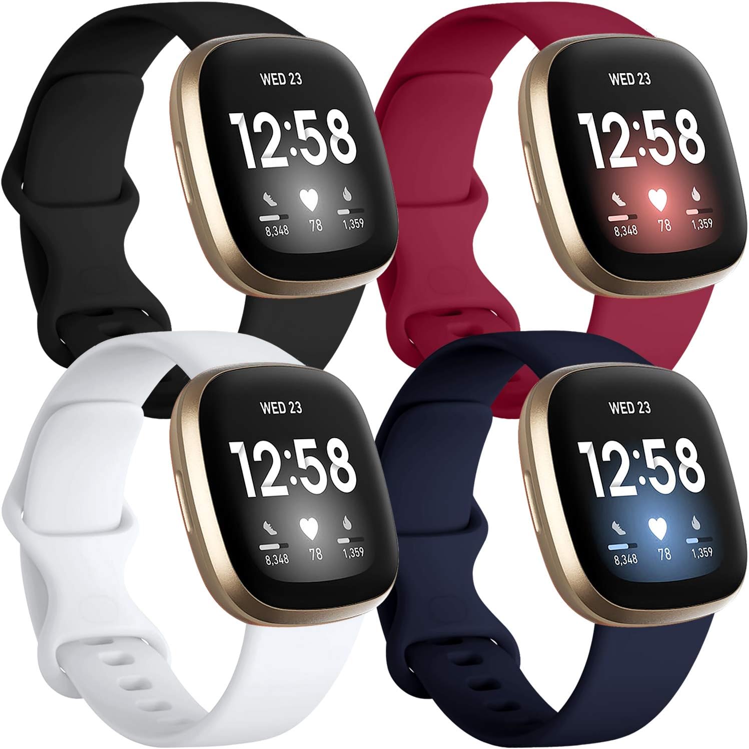 Compatible with Fitbit Sense 2/ Sense Bands/Versa 3/ Versa 4 Band Women Men, Silicone Sport Accessories, Band for Fitbit Sense/Sense 2/ Versa 4/ Versa 3 Smartwatch, Small Black/Navy/Red/White