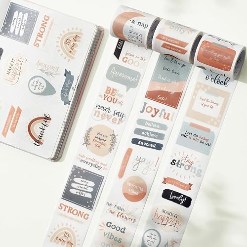 Miniatura 2 de WT Juego de calcomanías motivacionales Washi, 3 rollos, diseños originales, calcomanías inspiradoras de palabras con marco, cinta decorativa