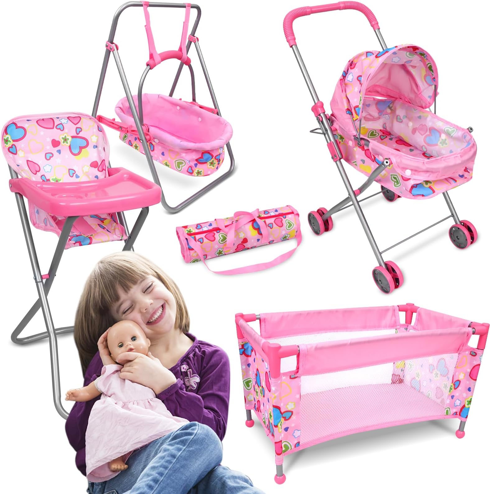 Stroller For Dolls Baby Doll Stroller Set Fits 16" Dolls - 4 Pcs Baby Doll Playset with Foldable Doll Stroller,Doll Crib,Doll High Chair,Swing Baby Doll Accessories Christmas Birthday Gift for Kids