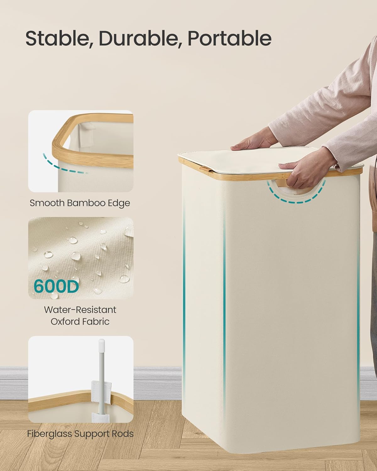 SONGMICS Laundry Hamper, Laundry Basket with Lid, Foldable Storage Basket, Bamboo Frame, for Bedroom, Living Room, Oxford Fabric, 37 Gal. (140 L), Cream White ULCB519WD01