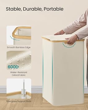 SONGMICS Laundry Hamper with Lid, 140L Laundry Basket, Bamboo Frame