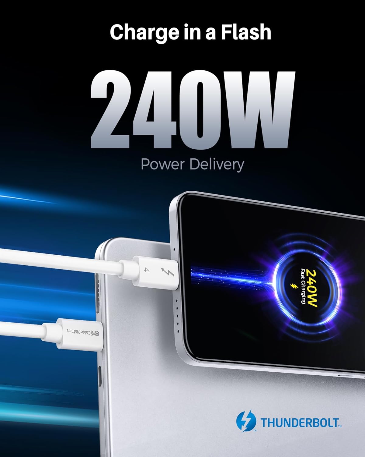 Cable Matters [Intel Certified] 40Gbps Thunderbolt 4 Cable 3.3ft with 8K Video and 240W Charging in White - 1m, Compatible with USB4, Thunderbolt 3 Cable and USB-C - Image 4