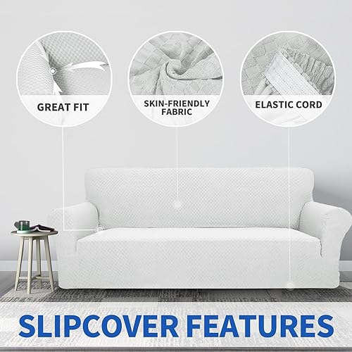 Miniatura 3 de ZNSAYOTX - 1 funda de sofá jacquard para sofás de 3 cojines, de alta elasticidad para mascotas, antideslizante, protector de muebles (grande, blanco)