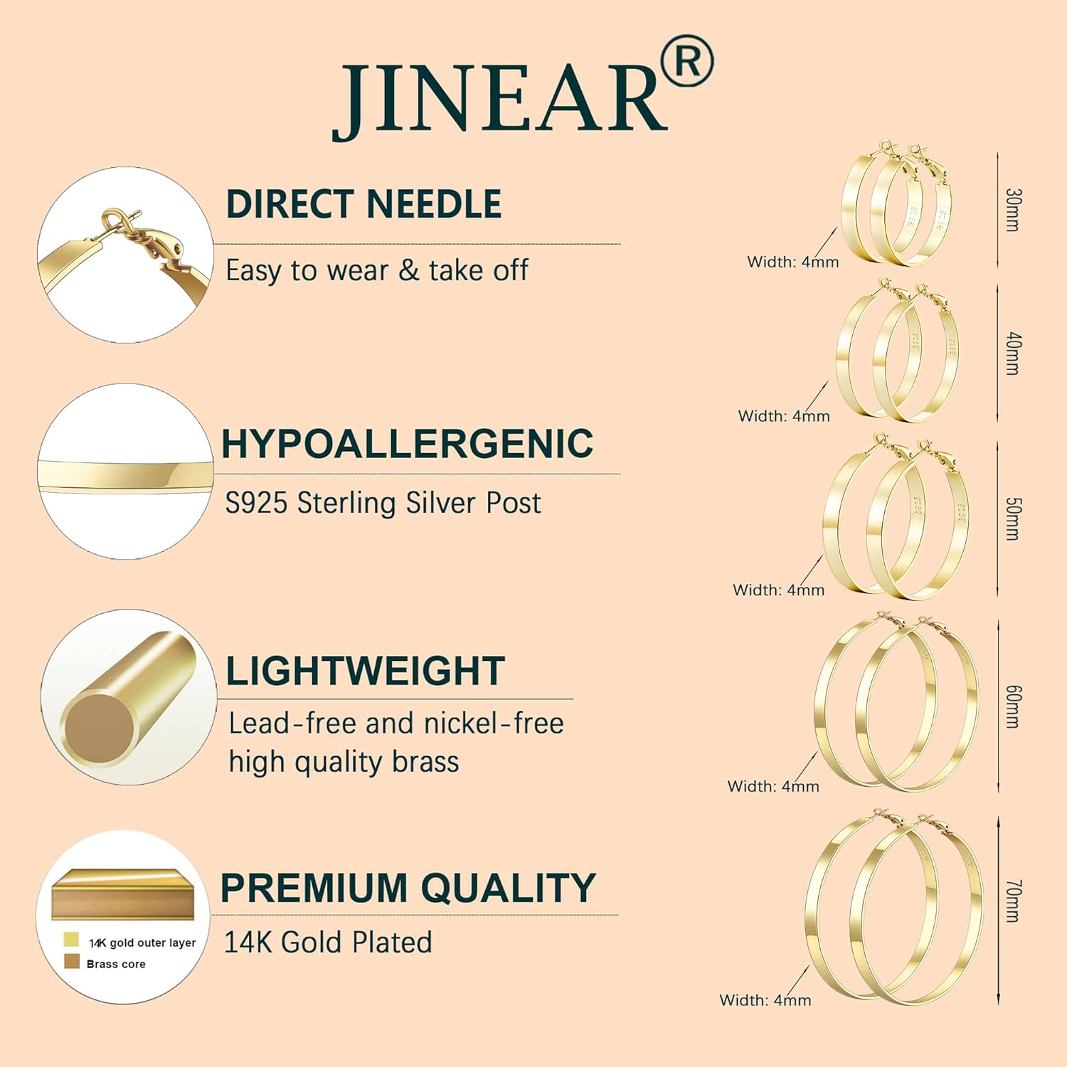 JINEAR 4MM Wide Large Gold Hoop Earrings for Women 14K Gold Plated 925 Sterling Silver Post Hoops Earring Trendy Thick Hypoallergenic Lightweight Big Chunky Hoops Earrings 30/40/50/60/70MM - Image 5