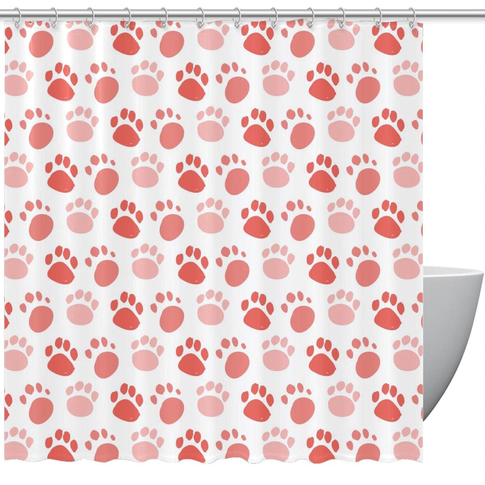 Rideau de douche motifs pattes de chien rouge avec ses crochets inclus
