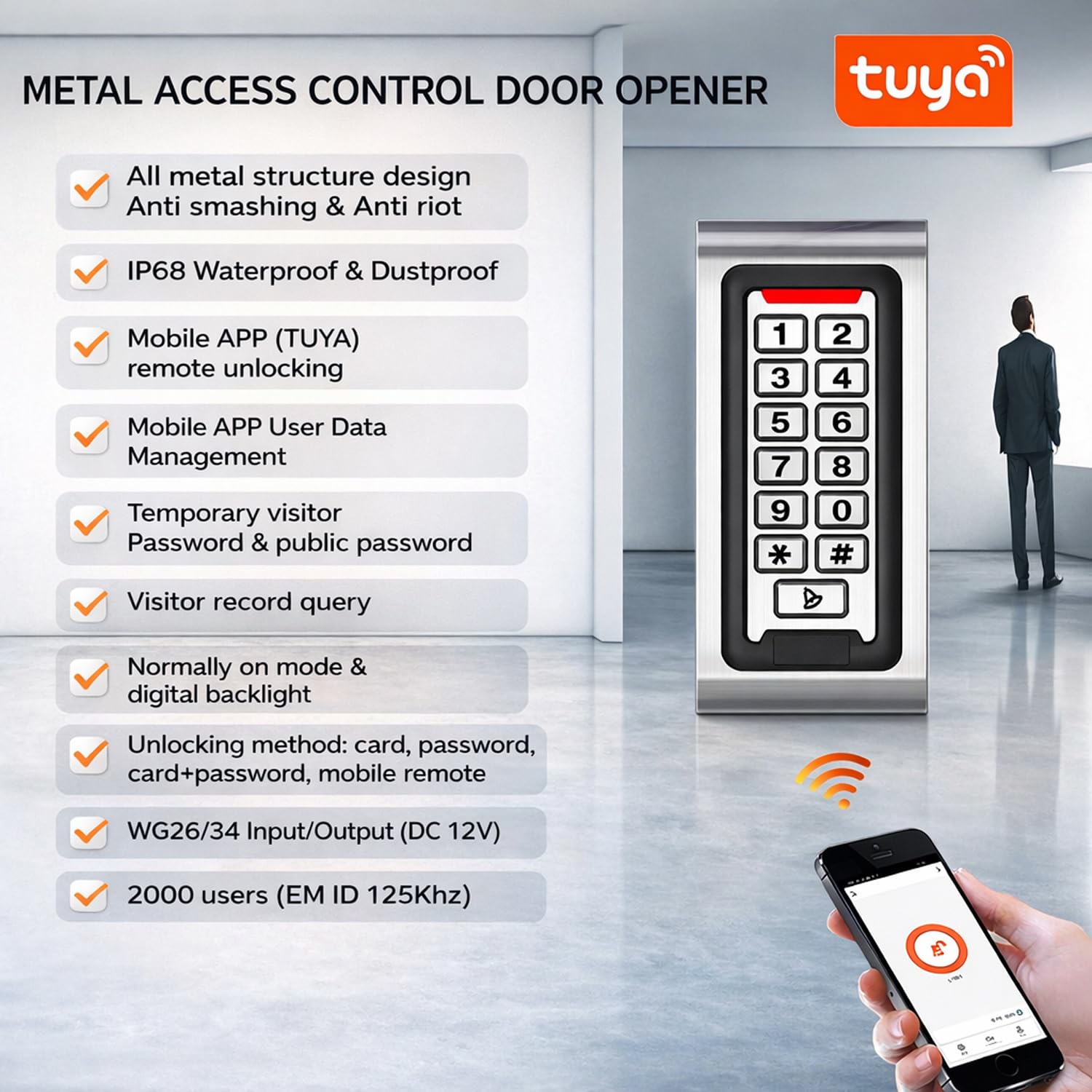 TUYA WLAN Zutrittskontrollsystem Set mit Codeschloss & RFID – IP68 Metall-Tastatur, 125kHz, App-Steuerung, DC12V/3A Netzteil, 280KG Magnetschloss NC, Exit-Taste, 10 RFID Tag für Haus, Büro, Garage