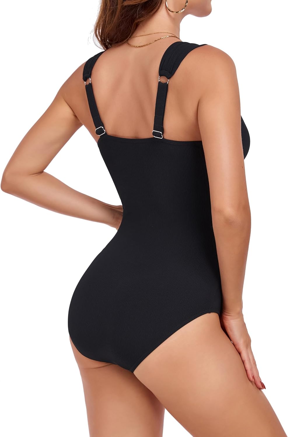 Smismivo Women One Piece Tummy Control Swimsuit Ribbed Bathing Suits Button Up Vintage V Neck Swim Suits Modest Swimwear