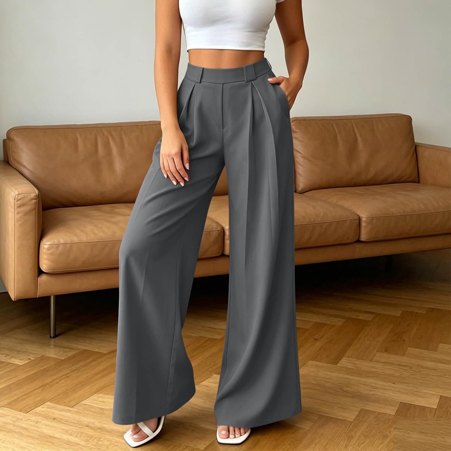 Women Wide Leg Dress Pants High Elastic Waisted Pleated Business Casual Trousers with Pockets Loose Fit Work Slacks