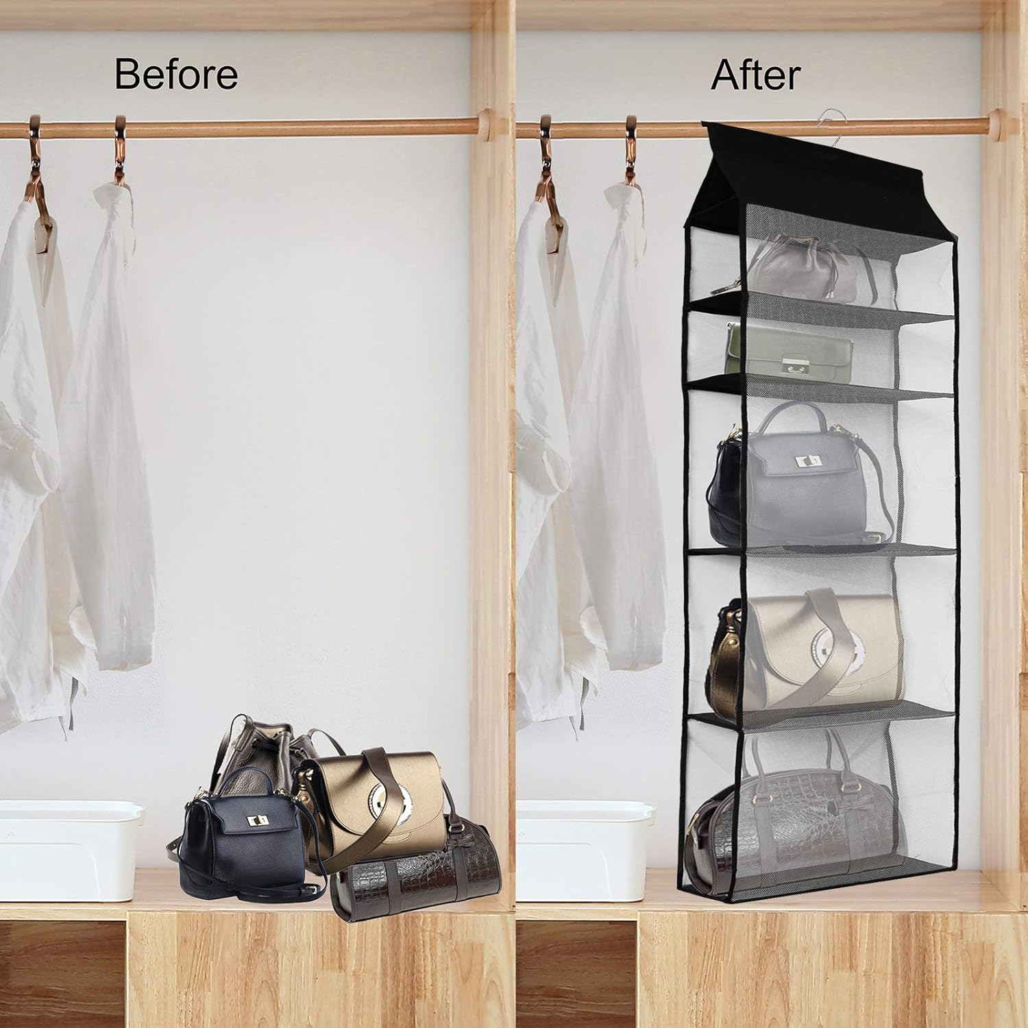 Improved Closet Handbag Purse Holder with 5 Large Heavy-Duty Mesh Shelves, Space Saving Hanging Handbag Storage Tote Bag Organizer Holder for Wardrobe Closet(Black) - Image 4
