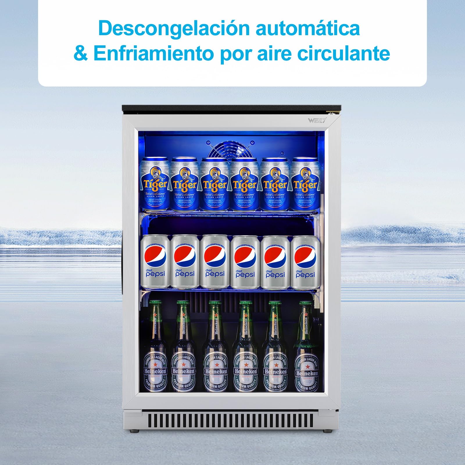 Weili 90L Frigoríficos para Bebidas, Refrigerador con Puerta de Vidrio con Iluminación LED Azul, Nevera Portatil Electrica Rango de Temperatura 3-10°C, Refrigeradores de Vino para Cerveza/Jugo