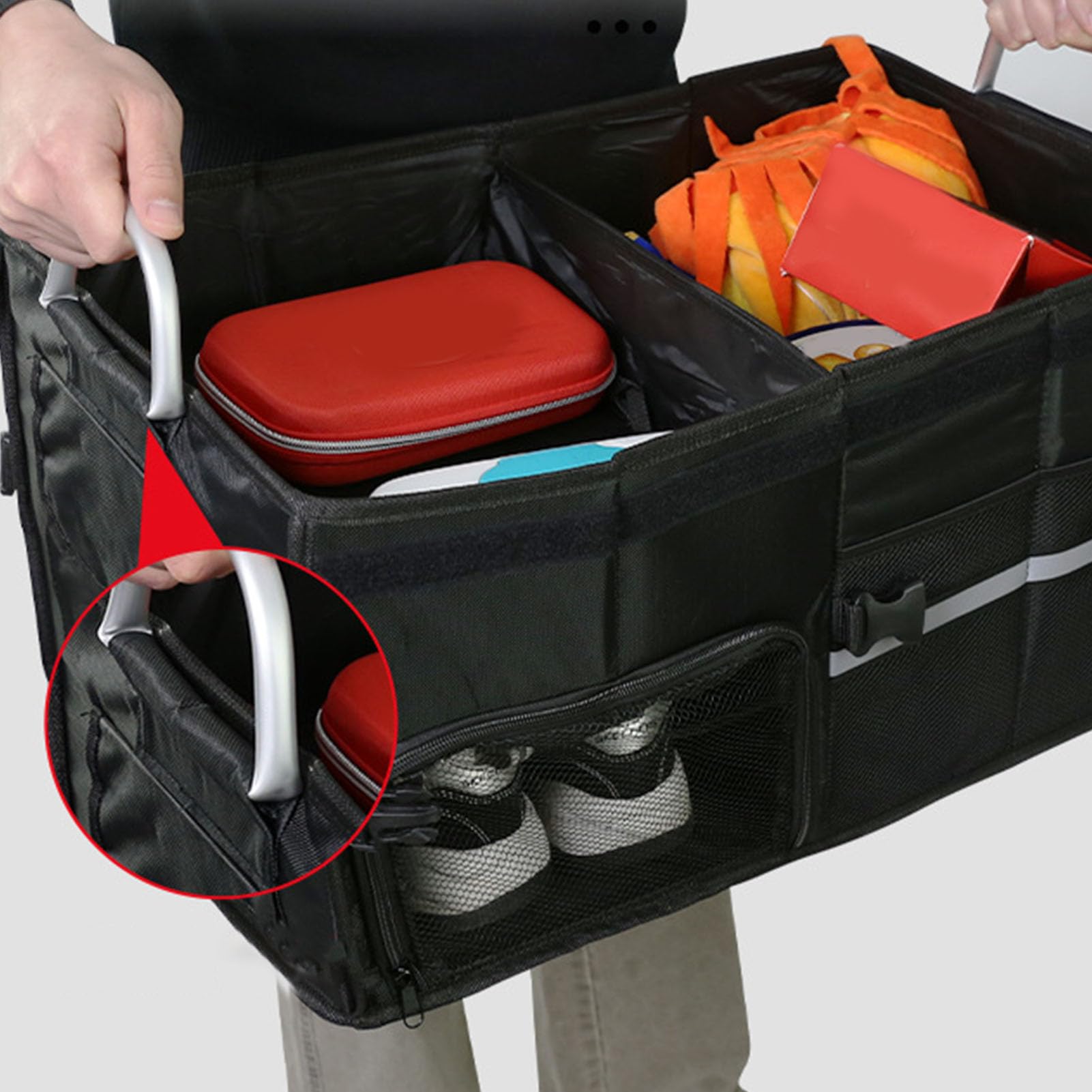 Asixxsix Organizer per Bagagliaio per Auto, Portaoggetti Pieghevole Pieghevole da 55 Litri con Coperchio in Tessuto Oxford Impermeabile e Fondo Antiscivolo, (Senza scomparto per scarpe Nero grande