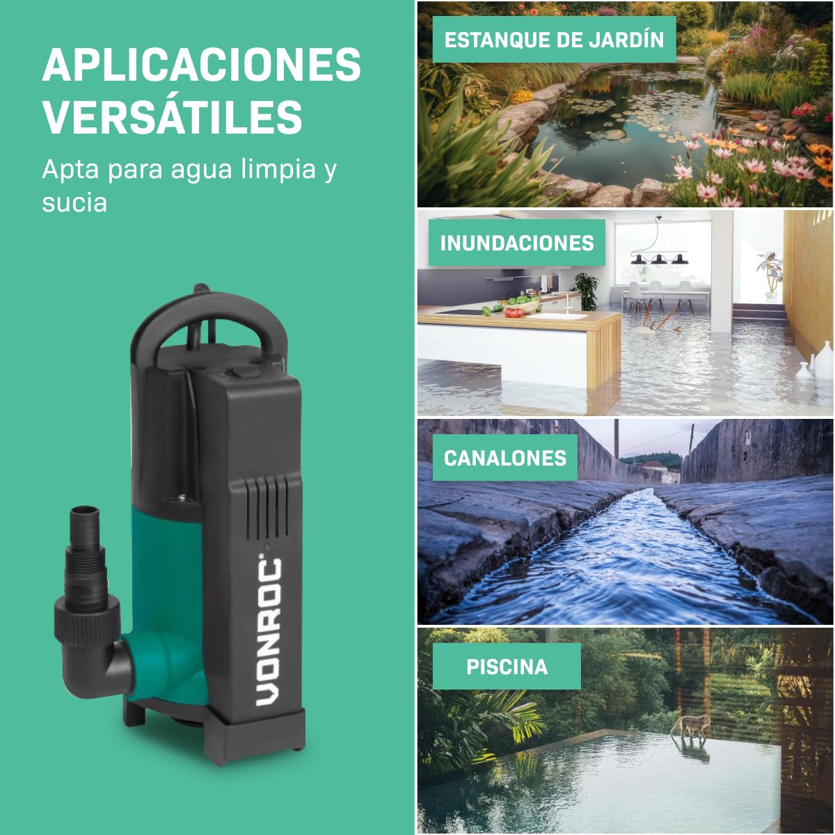 VONROC Bomba sumergible - Bomba para agua sucia - Bomba de agua - 750W - 14000 l/h - Para agua sucia y limpia- Con flotador integrado