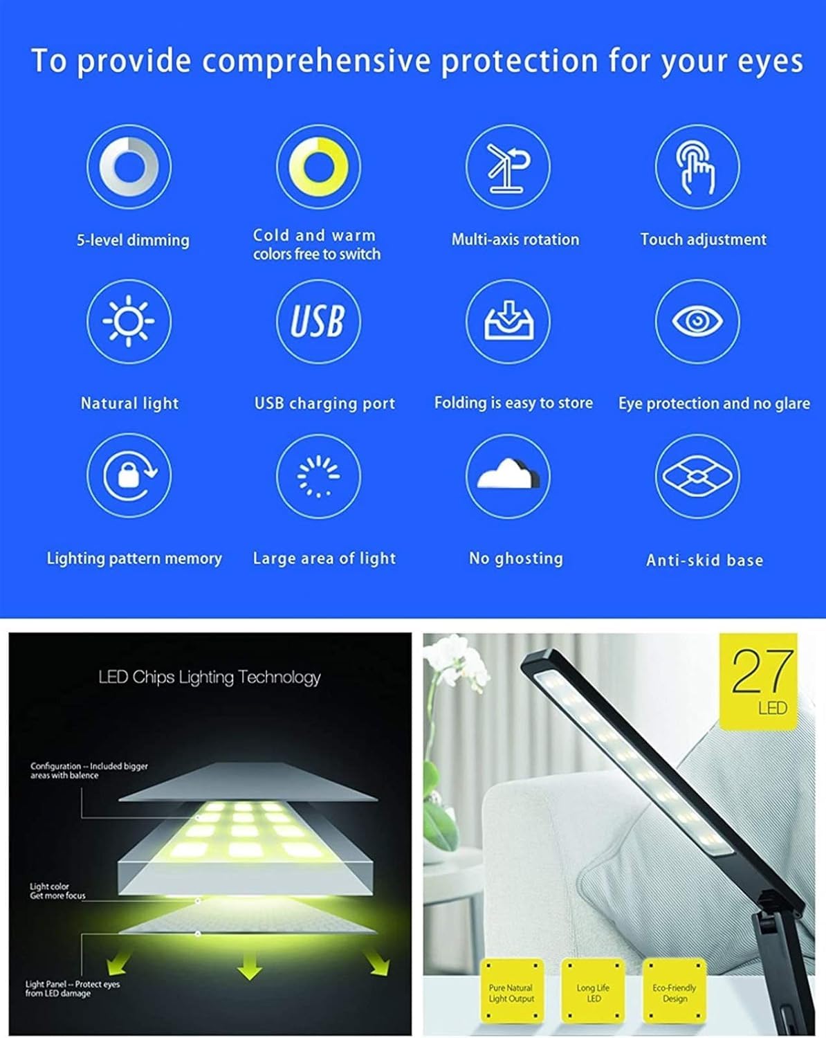 Lampy stołowe – lampa biurkowa LED z pielęgnacją oczu, składana konstrukcja, timer automatycznego wyłączania 60 min, port USB, ściemniane sterowanie dotykowe, 4 tryby oświetlenia, 5 poziomów jasności