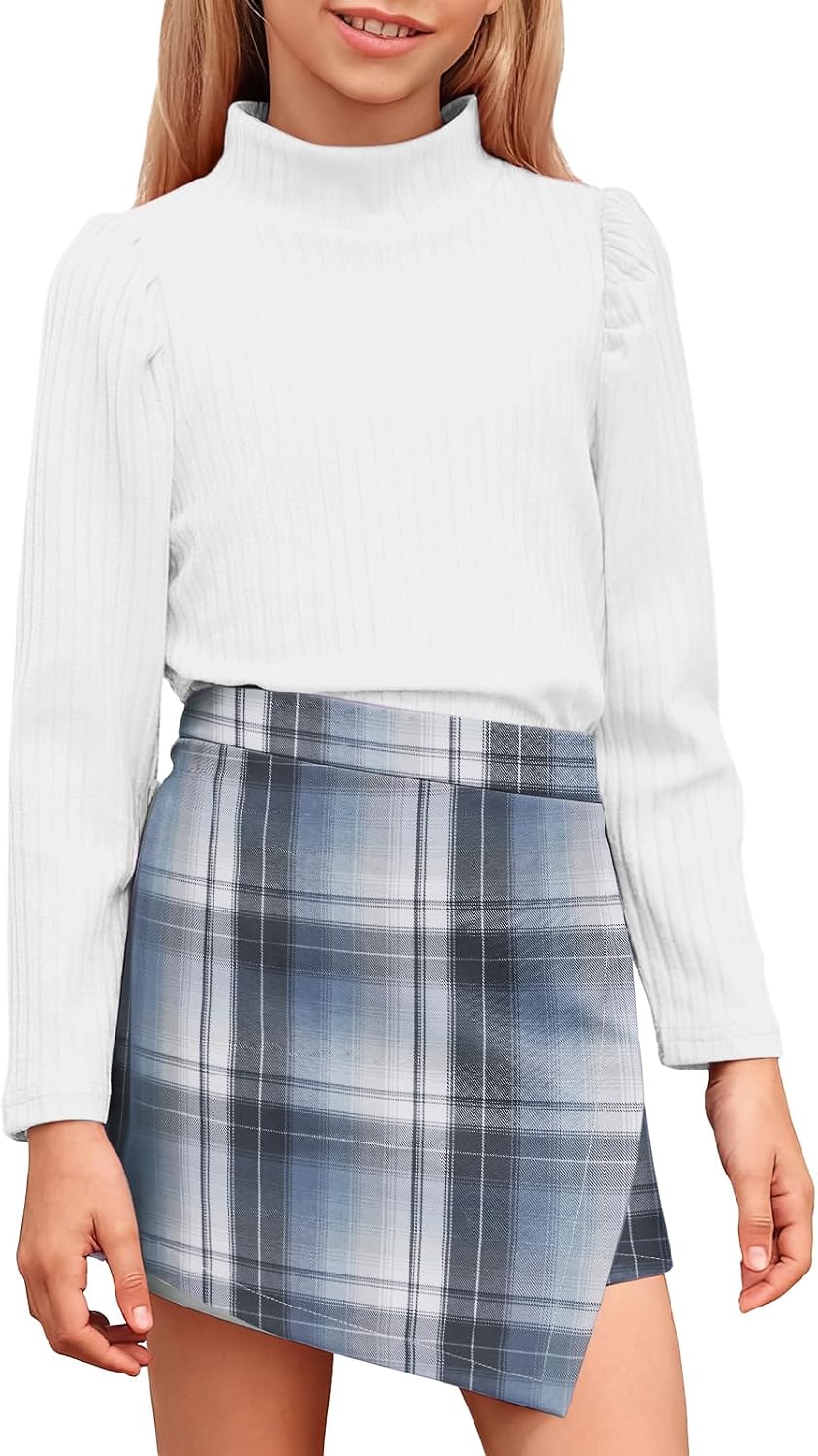 rrhss Girls 2 Piece Christmas Outfit Long Sleeve Ribbed Turtleneck Tops and Plaid Skorts Skirt Sets