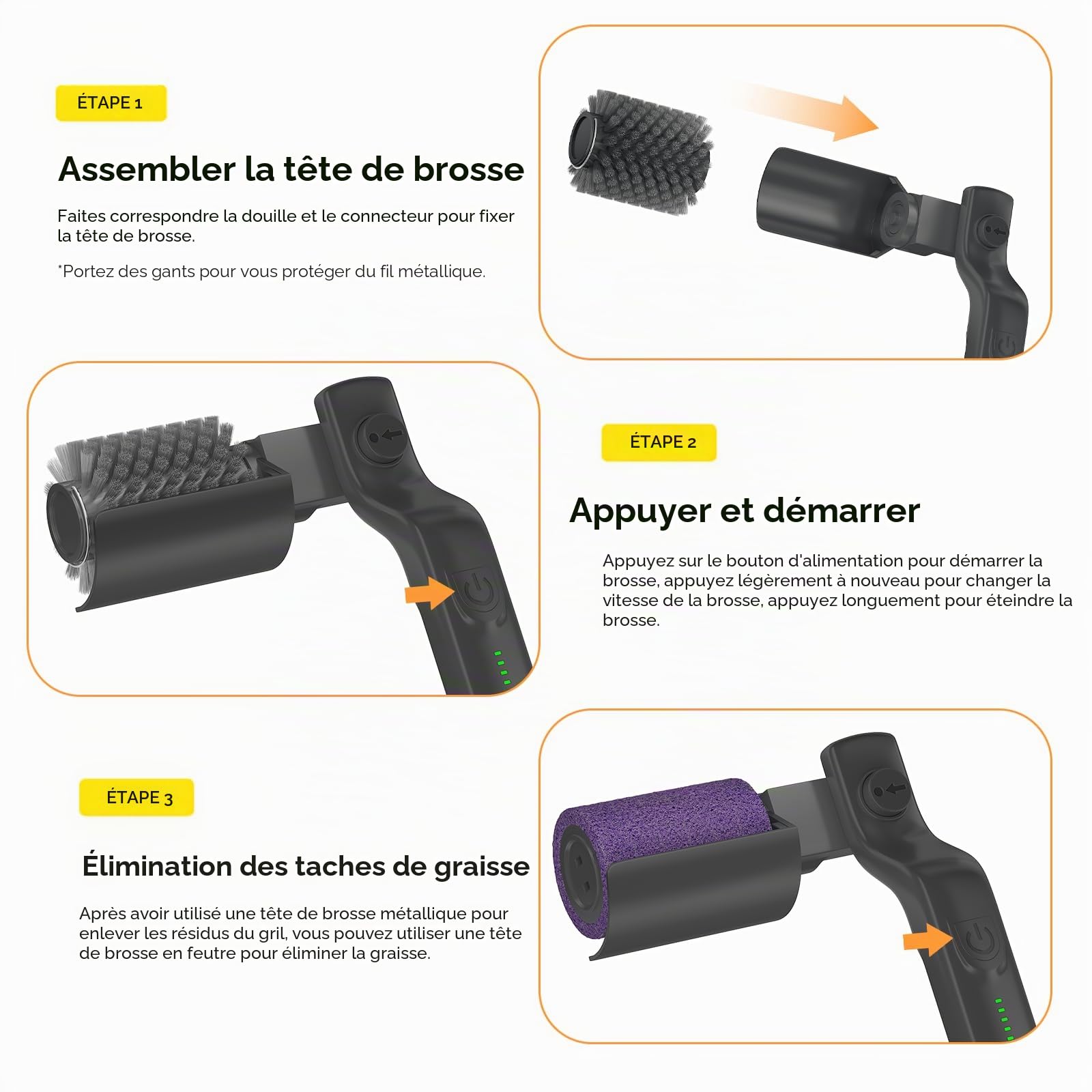 Brosse à barbecue électrique, nettoyeur BBQ sans fil avec tête réglable à 180°, nettoyage en 3 étapes, brosse à mailles 2-EN-1 pour barbecue avec batterie, IPX7 étanche, tête de brosse en acier