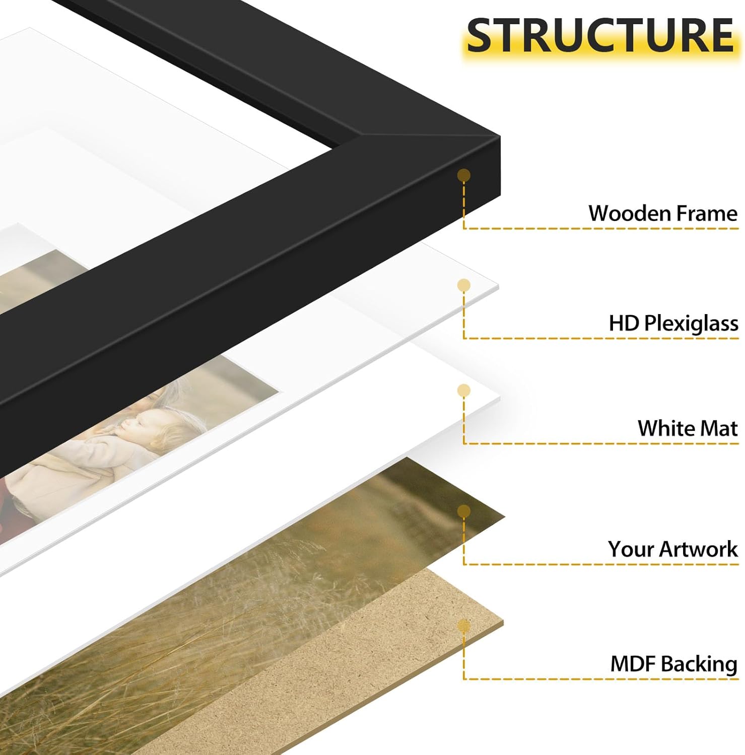 Golden State Art, 11x14 Black Picture Frame Made of Solid Pine Wood, Display for 8x10 Picture with Mat or 11x14 Picture without Mat Wall Display, 4 Pack