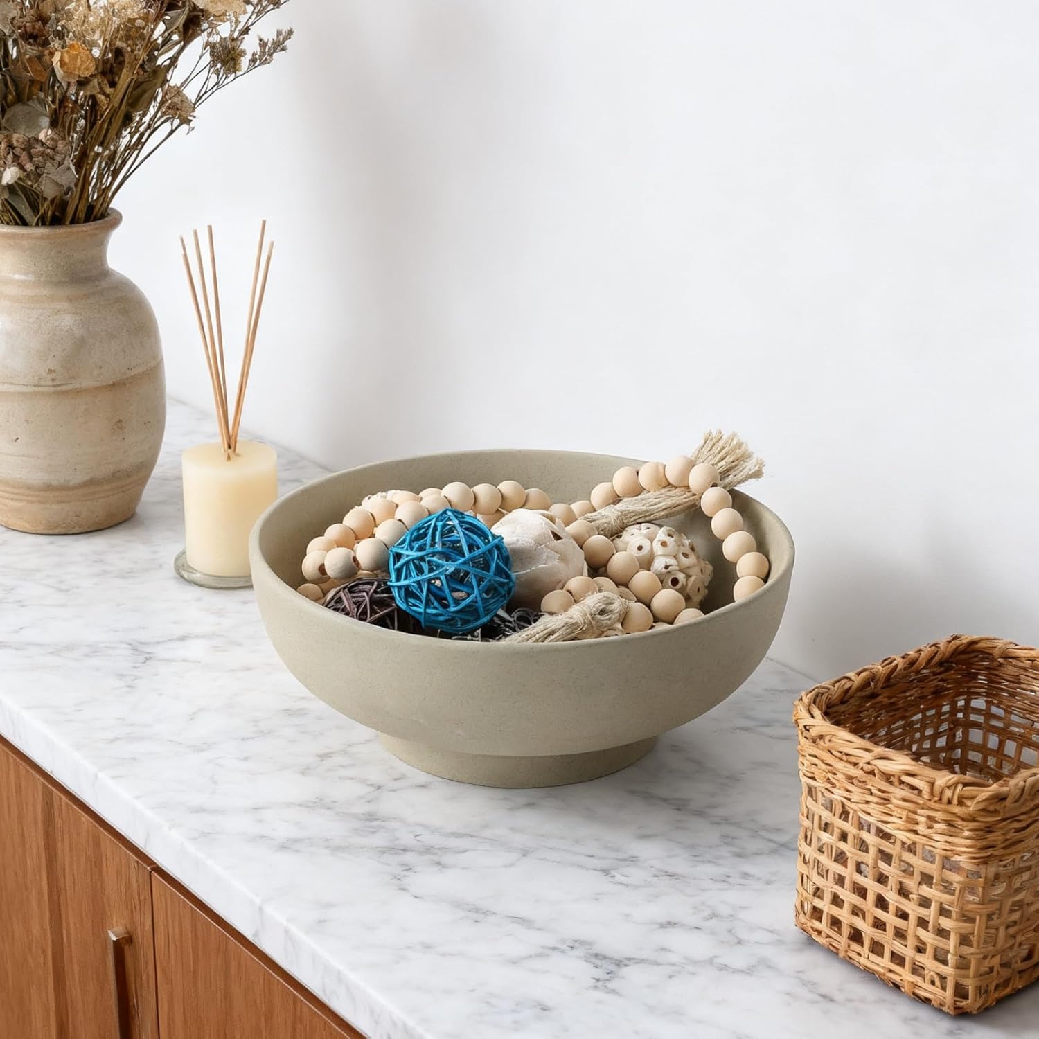 Stoneware Fruit Bowl for Kitchen Counter,Large Ceramic Decorative Bowls for Home Decor,Entryway Pedestal Bowl for Keys- 10.5Inch (Greige)